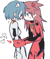 2girls ? anger_vein arrow_(symbol) ayanami_rei blue_eyes blue_hair bodysuit highres interface_headset_(evangelion) long_hair looking_at_another mecha_pilot_suit multiple_girls neon_genesis_evangelion plugsuit_(evangelion) puchi677 red_bodysuit red_eyes red_hair short_hair simple_background souryuu_asuka_langley white_background white_bodysuit