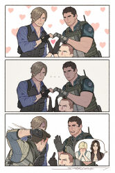 Rule 34 | ..., 2girls, 4boys, aqua scarf, artist name, black gloves, blonde hair, blue shirt, brown hair, brown jacket, bulletproof vest, chris redfield, clenched hand, closed mouth, collared shirt, facial hair, fingerless gloves, furrowed brow, gloves, hands on own face, heart, heart hands, heart hands failure, heart hands trio, heart print, helena harper, jacket, jake muller, leon s. kennedy, medium hair, middle finger, multiple boys, multiple girls, muscular, muscular male, piers nivans, punching, resident evil, resident evil 6, sardine (kjr0313), scarf, shaved head, sherry birkin, shirt, short hair, short sleeves, smile, stubble, upper body, very short hair, white shirt
