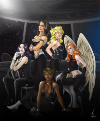 10s 2010 5girls amazon_warrior ankle_boots bangle bare_shoulders belt black_canary black_gloves black_hair black_pants black_shirt blonde_hair boots bracelet breasts chair choker cleavage dark-skinned_female dark_skin dated dc_comics earrings feathered_wings gloves hawkgirl helmet high_heel_boots high_heels jewelry justice_league lipstick makeup mari_jiwe_mccabe midriff multiple_girls necklace orange_hair pants purple_hair shirt sitting space star_(symbol) vambraces vixen_(dc) white_gloves wings wonder_woman wonder_woman_(series) zatanna_zatara