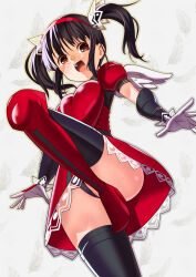 1girl absurdres armor black_hair black_panties blush boots breasts brown_eyes detached_leggings dress fighting_vipers headband highres honey_(fighting_vipers) looking_at_viewer looking_down medium_breasts neck_collar open_clothes panties pantyshot red_boots red_dress red_headband smile solo standing standing_on_one_leg thighhighs toku_sonchou twintails underwear