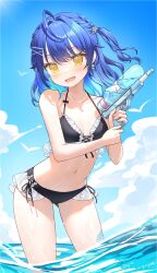 1girl :d ahoge amamiya_kokoro amamiya_kokoro_(7th_costume) artist_name bare_arms bare_shoulders bikini bird black_bikini blue_hair blue_sky blush breasts cloud commentary_request day dutch_angle earrings fang flower_earrings frilled_bikini frills front-tie_bikini_top front-tie_top hair_ornament halterneck highres holding holding_water_gun jewelry leaning_forward leg_tattoo looking_at_viewer medium_hair miyayoki navel necklace nijisanji ocean open_mouth own_hands_together side-tie_bikini_bottom skin_fang sky small_breasts smile solo standing stomach swimsuit tattoo two_side_up virtual_youtuber wading water water_gun wet x_hair_ornament yellow_eyes