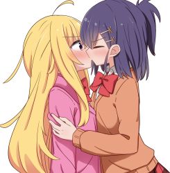 Rule 34 | 2girls, bad id, bad pixiv id, blonde hair, blue hair, blush, closed eyes, female focus, gabriel dropout, gabriel tenma white, highres, kiss, long hair, miruzawa akechi, multiple girls, ponytail, purple eyes, simple background, vignette tsukinose april, white background, yuri