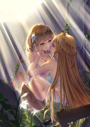 2girls blush bra braid brown_eyes duel_monster exosister_elis exosister_stella eye_contact flower gem green_eyes hair_ornament hand_on_another&#039;s_face highres ivy jewelry ladder light_brown_hair lily_(flower) long_hair looking_at_another multiple_girls navel necklace open_mouth pearl_necklace red_gemstone ruins shun_no_shun star_(symbol) star_hair_ornament sunlight underwear very_long_hair yu-gi-oh! yuri