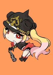 Rule 34 | 1girl, black gloves, black hat, black jacket, black shorts, blonde hair, brand name imitation, brass knuckles, chibi, closed mouth, club, club (weapon), combat helmet, commentary, cropped jacket, crossed bangs, expressionless, full body, gloves, hat, head tilt, helmet, highres, holding, holding weapon, jacket, kanabou, leaning forward, long hair, long sleeves, looking at viewer, luciana de montefio, navel, orange background, pickelhaube, piyo g, red eyes, shorts, side ponytail, sitting, spiked helmet, twintails, weapon, zenless zone zero