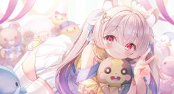 animal_ears artist_request blonde_hair blush check_artist hair_ornament heart_hair_strand highres indie_virtual_youtuber long_hair looking_at_viewer magical_girl pig_ears red_eyes ribbon shoes skirt smile sopralto stuffed_toy thighhighs twintails v white_skirt white_thighhighs
