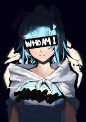 Rule 34 | 1girl, absurdres, animal ears, blue hair, censored, censored identity, closed mouth, commentary, cyan (horse race tests), english commentary, english text, highres, horse ears, horse girl, horse race tests, mkrk mikaerukung, solo, upper body