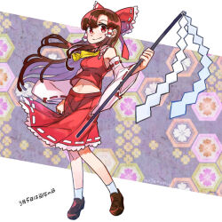 1girl ascot bow breasts brown_hair brown_shoes closed_mouth detached_sleeves frilled_bow frilled_skirt frills full_body gohei hair_bow hair_tubes hakurei_reimu holding holding_gohei long_hair looking_at_viewer medium_breasts midriff mogamiya_honu navel red_bow red_eyes red_skirt ribbon-trimmed_sleeves ribbon_trim shoes skirt socks solo touhou white_socks wide_sleeves yellow_ascot