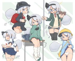 1girl ass backpack bag blouse blue_eyes blush bow bow_panties clothes_lift hair_ribbon hairband highres hitodama holding jacket kindergarten_uniform konpaku_youmu konpaku_youmu_(ghost) lifting_own_clothes long_sleeves looking_at_viewer miniskirt multiple_views open_mouth panties panty_pull pantyshot pleated_skirt randoseru ribbon school_bag school_uniform shirt shoes short_hair sitting skirt skirt_lift socks standing striped_clothes striped_panties touhou turnip_kabura underwear vest weapon white_legwear white_panties white_shirt