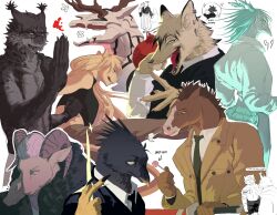 1girl 6+boys absurdres animal_ears bird_boy black_eyes black_fur black_shirt blonde_hair blue_eyes blue_hair brown_coat brown_fur brown_pants candy cat_boy cat_ears choso_(jujutsu_kaisen) claws closed_mouth coat collared_shirt commentary cropped_shirt double_bun ear_piercing english_commentary english_text fighting_stance food fox_boy fox_ears fur_collar furrification furry furry_female furry_male fushiguro_touji green_necktie grey_fur hair_bun hakari_kinji hanami_(jujutsu_kaisen) hand_up hands_up highres higuruma_hiromi holding holding_candy holding_food holding_lollipop holding_sword holding_weapon horns horse_boy horse_ears iba_(kcokaine) itadori_yuuji jujutsu_kaisen kashimo_hajime katana kusakabe_atsuya lion_ears lion_girl lion_tail lollipop long_hair long_sleeves looking_back multiple_boys necktie open_mouth pants piercing puff_of_air sharp_teeth sheep_boy sheep_horns shirt simple_background skull_head sword tail teeth toned toned_female topless_male tsukumo_yuki_(jujutsu_kaisen) weapon white_background white_shirt yellow_eyes zen&#039;in_naoya