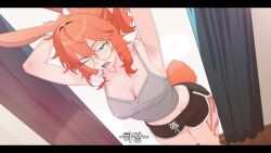 1girl absurdres animal_ears armpits aurora_(league_of_legends) black_shorts breasts character_request cleavage collarbone copyright_request crop_top dolphin_shorts glasses highres large_breasts league_of_legends letterboxed midriff odiseo one_eye_closed open_mouth rabbit_ears rabbit_tail short_shorts shorts solo tail