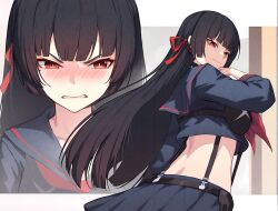 1girl black_hair black_sailor_collar black_serafuku black_shirt black_skirt blush breasts chisa_(wuthering_waves) clenched_teeth closed_mouth commentary cosplay cowboy_shot crop_top english_commentary hair_ribbon highres kill_la_kill long_hair matoi_ryuuko matoi_ryuuko_(cosplay) medium_breasts mole mole_under_eye multiple_views neckerchief nokku_(ren_nokku) red_eyes red_neckerchief red_ribbon ribbon sailor_collar school_uniform serafuku shirt skirt teeth v-shaped_eyebrows very_long_hair wuthering_waves