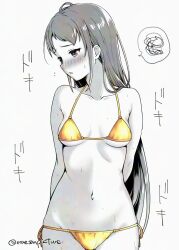 1girl bikini breasts commentary embarrassed greyscale kantai_collection long_hair looking_to_the_side mae_(maesanpicture) monochrome samidare_(kancolle) side-tie_bikini_bottom small_breasts solo spoken_squiggle spot_color squiggle standing swimsuit twitter_username