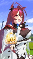 1girl absurdres ahoge animal_ears black_gloves blue_fire blue_hair blue_sky brasileiroo cloud cloudy_sky colored_inner_hair day dress elizabeth_rose_bloodflame elizabeth_rose_bloodflame_(1st_costume) fire fire_on_chest gloves hand_up highres hololive hololive_english horse_ears horse_girl long_hair multicolored_hair open_mouth outdoors red_eyes red_hair red_nails single_glove sky solo umamusume virtual_youtuber white_dress