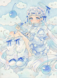 1girl absurdres amu_(m_aa) artist_name bandaid blue_eyes blue_nails blush bonnet bow cherry closed_mouth cloud cup dated drink drinking_glass drinking_straw female_focus food fruit full_body hair_ornament hairpin halo highres holding holding_cup holding_drink holding_drinking_glass long_hair long_sleeves loose_socks nail_polish original painting_(medium) rain shoes signature socks solo tagme thighs traditional_media watercolor_(medium) white_hair