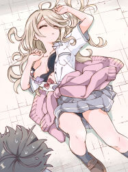 1girl black_bra black_panties bow bowtie bra breasts cleavage closed_eyes clothes_around_waist collarbone collared_shirt commentary_request floor from_above fukaku-tei grey_skirt hair_between_eyes hands_up highres knee_up long_hair long_hair_between_eyes lying make_heroine_ga_oo_sugiru! medium_breasts nipple_slip nipples on_back on_floor open_clothes open_shirt panties pantyshot pink_bow pink_bowtie pink_sweater pleated_skirt purple_bow purple_bowtie school_uniform shikiya_yumeko shirt short_sleeves skirt solo_focus summer_uniform sweat sweater sweater_around_waist tsuwabuki_high_school_uniform underwear white_shirt