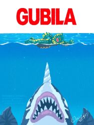 artist_name commentary day drill fangs gubira highres jaws_(movie) kaiju movie_poster no_humans ocean onigiri_design parody ragon sky style_parody swimming symbol-only_commentary ultra_series water
