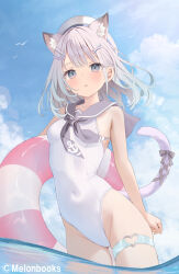 Rule 34 | 1girl, akino ell, animal ears, black sailor collar, blue sky, breasts, cat ears, cat girl, cat tail, cloud, covered navel, day, grey hair, hair ornament, highres, looking at viewer, ocean, one-piece swimsuit, original, outdoors, partially submerged, sailor collar, short hair, sky, small breasts, solo, swimsuit, tail, thigh strap, white one-piece swimsuit, x hair ornament