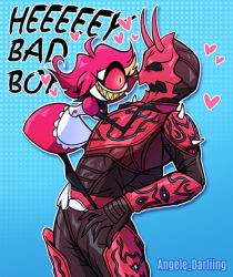 Rule 34 | 1boy, 1girl, angele-darliing, apron, armor, black legs, black scarf, blue background, confused, crossover, cyclops, demon, demon girl, dress, english text, hazbin hotel, heart, kamen rider, kamen rider den-o (series), leaning back, momotaros, monster, monster boy, niffty (hazbin hotel), one-eyed, pink hair, red armor, red dress, scarf, sharp teeth, size difference, teeth, white apron
