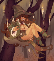 Rule 34 | 1girl, amulet, blush, braces, breasts, breasts out, brown hair, brown hat, brown ribbon, brown sandals, candle, coat, commentary, eye hair ornament, floating, floating candle, forest, full body, fur-trimmed coat, fur trim, green coat, green eyes, green skirt, green socks, hat, hat ribbon, high heel sandals, highres, holding, holding staff, jewelry, klimspree, large breasts, long hair, looking at viewer, miniskirt, mushroom hat ornament, nature, necklace, nipples, open clothes, open coat, open mouth, original, outdoors, purple nails, ribbon, rope belt, sandals, sidelocks, skirt, smile, socks, solo, staff, teeth, tooth necklace, tree, upper teeth only, very long hair, witch, witch hat