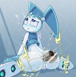 1boy 1girl anal android anus ass blue_eyes blue_hair blush boots censored cum cum_in_ass disembodied_penis from_behind heart heart-shaped_pupils hetero high_heel_boots high_heels jenny_wakeman joints my_life_as_a_teenage_robot penis pochincoff pussy robophilia robot robot_girl robot_joints symbol-shaped_pupils