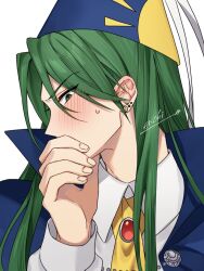 1boy ascot blue_capelet blush brooch capelet covering_own_mouth ear_blush earrings embarrassed enoki_3106 gem genderswap genderswap_(ftm) green_eyes green_hair hat jewelry long_hair long_sleeves mima_(touhou) parted_bangs puffy_long_sleeves puffy_sleeves red_gemstone sidelocks sideways_glance sideways_mouth signature simple_background stud_earrings sweatdrop touhou touhou_(pc-98) upper_body white_background witch_hat yellow_ascot