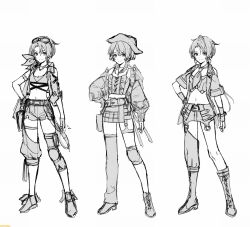1girl asymmetrical_legwear atelier_(series) atelier_resleriana boots crop_top full_body goggles goggles_on_head greyscale hand_on_own_hip hat heidi_(atelier) highres jacket knee_guards long_hair looking_at_viewer midriff monochrome multiple_views navel prototype_design shorts simple_background smile standing tokki variations white_background