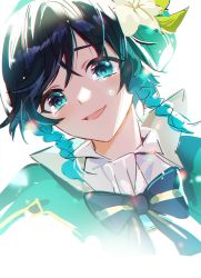1boy bad_id bad_twitter_id black_hair blue_hair blush bow braid crying crying_with_eyes_open flower gem genshin_impact gradient_hair green_eyes green_hat hair_flower hair_ornament hat jewelry leaf light_particles male_focus multicolored_hair open_mouth simple_background smile solo sssss2222 tears twin_braids venti_(genshin_impact) white_background white_flower