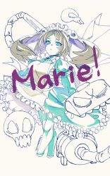 1girl 2017 bloody_marie_(skullgirls) brooch character_name grey_hair hair_ornament jewelry juliet_sleeves long_sleeves looking_down maid_headdress puffy_sleeves skull skull_hair_ornament skullgirls solo spot_color suguru_(hinio) tan_background twintails vacuum_cleaner