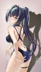 Rule 34 | 1girl, absurdres, adjusting clothes, adjusting swimsuit, ass, back cutout, black hair, black one-piece swimsuit, blue eyes, blue one-piece swimsuit, breasts, butt crack, chia-yu huang, clothing cutout, highres, hololive, hololive english, large breasts, long hair, official alternate costume, official alternate hairstyle, one-piece swimsuit, ouro kronii, ouro kronii (holonatsu paradise), ponytail, solo, swimsuit, thigh strap, two-tone one-piece swimsuit, virtual youtuber