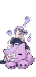 &gt;_&lt; 1girl :3 bare_shoulders black_cardigan blush cardigan choker ghost hair_ornament hair_ribbon hairpin highres kou_hei_(takasr_kou) long_sleeves looking_back mary_janes off_shoulder parted_bangs platform_shoes purple_hair ribbon shinomiya_runa shinomiya_runa_(1st_costume) shoes simple_background sitting socks solo stuffed_toy two_side_up virtual_youtuber vspo! white_background white_chemise white_socks x_hair_ornament yellow_eyes