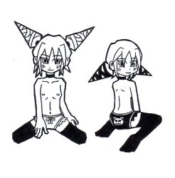 2girls brave_fencer_musashiden breasts female_focus flat_chest full_body looking_at_viewer looking_back lowres maribo mirabo monochrome multiple_girls musashiden_ii nanasyu oekaki panties siblings simple_background sitting thighhighs twins underwear wariza white_background