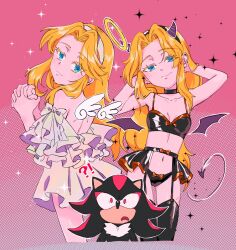 !? 2girls angel angel_wings bat_wings blonde_hair blue_eyes blush demon demon_horns halo hedgehog highres horns maria_robotnik multiple_girls shadow_the_hedgehog shyu_1014 sonic_(series) wings