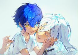 Rule 34 | 2boys, aged down, bishounen, black ribbon, blue eyes, blue hair, cheek-to-cheek, closed eyes, collarbone, colored eyelashes, dark-skinned male, dark skin, dot nose, double-parted bangs, eyelashes, fingernails, floating hair, heads together, heterochromia, highres, long hair, looking at viewer, lower teeth only, male focus, metaphor: refantazio, multiple boys, neck ribbon, open mouth, protagonist (metaphor: refantazio), ribbon, shirt, short sleeves, simple background, smile, teeth, the prince (metaphor: refantazio), themoonrabbit, time paradox, upper body, white background, white hair, white shirt, yellow eyes