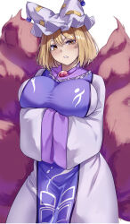 1girl absurdres arms_under_breasts blonde_hair blue_tabard blush breasts dress fox_girl fox_tail hat highres large_breasts long_sleeves looking_at_viewer medium_hair mirufui multiple_tails puffy_sleeves solo sweatdrop tabard tail teeth touhou white_background white_dress yakumo_ran yellow_eyes