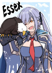 1girl absurdres animal_on_arm azur_lane bald_eagle bird bird_on_arm black_ribbon blue_gloves blue_hair blue_jacket character_name eagle essex_(azur_lane) gloves hair_ribbon highres jacket necktie one_eye_closed open_mouth orange_eyes oriue_wato red_necktie ribbon sketch smile swept_bangs twintails