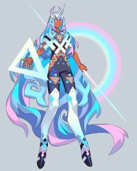1boy blue_eyes blue_hair capelet center_opening colored_sclera commentary_request dark-skinned_male dark_skin edarow full_body grey_background groin holding holding_polearm holding_weapon hoof_shoes horizontal_pupils long_hair looking_at_viewer male_focus multicolored_hair original pink_hair pink_sclera polearm solo streaked_hair unicorn_boy very_long_hair weapon