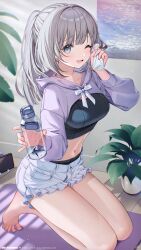 1girl artist_name black_panties black_sports_bra blunt_bangs bottle breasts cellphone collarbone commentary_request denim denim_shorts fanbox_username frilled_shorts frills from_side full_body grey_eyes grey_hair hair_intakes handkerchief highres holding holding_bottle holding_handkerchief hood hood_down hoodie indoors kneeling legs_together long_hair long_sleeves looking_at_viewer medium_breasts navel oli_o_o one_eye_closed open_mouth original painting_(object) panties parted_bangs phone plant ponytail purple_hoodie ribbon shorts sidelocks smartphone smile solo sports_bra sports_panties sportswear spread_toes stomach toes underwear water water_bottle watermark white_ribbon yoga yoga_mat