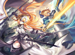 2girls ahoge armor armored_dress artoria_pendragon_(fate) battle belt blonde_hair blue_dress blue_eyes blue_ribbon braid breastplate breasts chain cloud commentary_request dress dual_wielding dutch_angle excalibur_(fate/stay_night) fate/apocrypha fate/grand_order fate_(series) flag floating floating_hair gauntlets glowing glowing_sword glowing_weapon hair_bun hair_ribbon holding holding_sword holding_weapon janne_d&#039;arc jeanne_(cat_busters) jeanne_(master_of_eternity) jeanne_d&#039;arc_(fate) jeanne_d&#039;arc_(grimms_notes) jeanne_d&#039;arc_(ruler)_(fate) jeanne_d&#039;arc_(third_ascension)_(fate) juliet_sleeves kousaki_rui large_breasts long_hair long_sleeves looking_at_another looking_at_viewer luminosite_eternelle motion_blur multiple_girls outdoors photoshop_(medium) polearm profile puffy_sleeves ribbon saber_(fate) single_hair_bun sky sleeveless sleeveless_dress sword sword_of_st._catherine_(fate) torn_clothes unsheathed very_long_hair weapon
