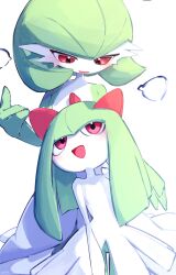 absurdres colored_skin cowboy_shot dress evolutionary_line gardevoir gen_3_pokemon green_hair highres kirlia looking_at_another my_(my_6633) nintendo pokemon pokemon_(creature) red_eyes simple_background white_background white_dress white_skin