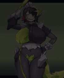 Rule 34 | 1girl, absurdres, black hair, body modification, breasts, colored inner hair, corruption, crystal sword, ellen joe, ethereal (zenless zone zero), fins, fish tail, frilled wristband, green eyes, hair ornament, herutsuheimuu, highres, large breasts, looking at viewer, looking up, maid headdress, metal hairband, mind control, mole, mole under eye, monster, monsterification, multicolored hair, navel, one breast out, open mouth, red hair, salute, shark girl, shark tail, short hair, smile, solo, spiked headband, sword, tail, torn clothes, transformation, two-tone hair, weapon, zenless zone zero