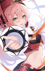 1girl absurdres antlers aura black_bra black_skirt bra crop_top deer_antlers detached_sleeves dot_nose floating_hair genshin_impact gold_trim green_eyes hair_between_eyes hat highres horns long_hair long_sleeves looking_at_viewer navel open_mouth outstretched_arms pink_hair pisuke_(user_kcmh2774) pointing pointing_at_viewer pom_pom_(clothes) red_hat sidelocks signature simple_background skirt tassel underwear v-shaped_eyebrows vision_(genshin_impact) white_background white_sleeves wide_sleeves yanfei_(genshin_impact)