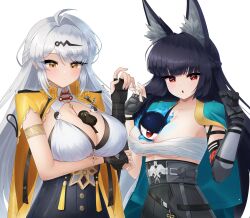 2girls :o ahoge bandages between_breasts black_gloves black_hair blue_cape breasts cape chest_sarashi cleavage commentary doiparuni fingerless_gloves gloves grey_hair highres hoshimi_miyabi large_breasts long_hair looking_at_viewer medium_breasts multiple_girls red_eyes sarashi simple_background tailless_(zenless_zone_zero) upper_body very_long_hair white_background yellow_eyes yi_xuan_(zenless_zone_zero) zenless_zone_zero