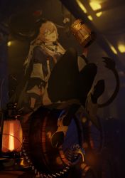 1girl :d animal_ears arknights bad_id bad_twitter_id barrel black_legwear brown_hair ceiling_light commentary_request cow_ears cow_girl cow_horns cow_tail cup flower full_body green_eyes holding holding_cup horn_ornament horn_ring horns indoors kuma20151225 lantern long_sleeves looking_at_viewer miniskirt open_mouth pallas_(arknights) pleated_skirt purple_shirt red_flower red_rose rose shirt short_hair_with_long_locks sidelocks sitting skirt smile solo tail white_footwear white_skirt