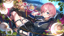 1girl black_jacket black_shorts blue_eyes braid braided_bangs cellphone chair commentary_request company_name computer_keyboard copyright_notice crossed_legs cup drink drinking_glass fingerless_gloves fingernails food from_above gaming_chair garter_straps glove_cutout gloves hair_over_one_eye hanging_light head_rest hikosan hololive indoors jacket lapels leaf light_blush looking_at_viewer monitor necktie official_alternate_costume official_alternate_hairstyle official_art phone pink_hair shirt short_hair shorts sitting smartphone smile solo suit_jacket swivel_chair takane_lui takane_lui_(4th_costume) thigh_strap three-quarter_sleeves tsukune_(takane_lui) tsumire_(takane_lui) virtual_youtuber white_shirt