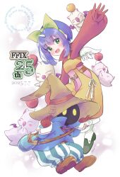 Rule 34 | 1boy, 1girl, absurdres, anniversary, bow, commentary request, dated, eiko carol, final fantasy, final fantasy ix, green eyes, hair bow, haru meguru, hat, highres, horns, looking at viewer, medium hair, moogle, open mouth, overalls, purple hair, signature, single horn, smile, vivi ornitier, watermark, white background, witch hat, yellow bow, yellow eyes, yellow overalls