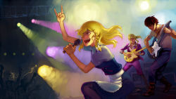 07th_expansion 2girls 6+boys anchor androgynous angry apron audience band_(music) batman batman_(series) blonde_hair blue_eyes boots bow braid cheering closed_eyes concert cosplay crossover crowd dc_comics denim furudo_erika goat goatman_(umineko) guitar gun hair_bow hair_ornament instrument jacket jeans jewelry kirisame_marisa kirisame_marisa_(cosplay) knee_boots lights m/ microphone multicolored_hair multiple_boys multiple_girls music necklace no_naku_koro_ni_(series) on_stage pants pantyhose parody performance ponytail shroedinger siblings singing smile stage stage_lights sunglasses touhou twintails umineko_no_naku_koro_ni ushiromiya_battler ushiromiya_jessica ushiromiya_lion weapon willard_h._wright