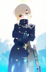 Rule 34 | 1girl, absurdres, black coat, black gloves, blonde hair, blue archive, blush, bm tol, breasts, buttons, closed mouth, coat, commentary, crossed arms, double-breasted, eyepatch, gloves, green eyes, gun, halo, highres, long sleeves, looking at viewer, medium hair, mossberg 590, pump action, shotgun, solo, suou (blue archive), sweatdrop, weapon, yellow halo