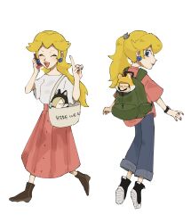 2girls alternate_costume bag casual cat_mario cat_rosalina denim earrings handbag highres jeans jewelry mario mario_(series) mimimi_(mimimim9999) multiple_girls nintendo pants phone pink_shirt pink_skirt ponytail princess_peach rosalina shirt skirt super_mario_3d_world t-shirt