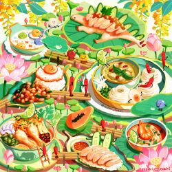 artist_name bird bowl cherry cup egg_(food) flower food food_art food_focus frog fruit issiki_toaki leaf lemon lily_pad no_humans noodles original pink_flower plate rice shrimp soup spoon spring_onion sushi tea