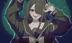 ame-chan_(needy_girl_overdose) arm_over_head arm_over_shoulder bandage_on_face bandages black_hair black_serafuku blunt_bangs blush bow bowtie chalk_outline collarbone cuffs hair_ornament hair_over_one_eye handcuff_dangle handcuffs highres long_hair long_sleeves looking_at_viewer lying multiple_monochrome nail_(hardware) neck_ribbon needy_girl_overdose official_alternate_costume on_back on_floor open_mouth out_of_frame outline pao_(i_loxe_u) pink_nails ribbon school_uniform serafuku single_handcuff spotlight sweat tongue tongue_out white_outline x_hair_ornament